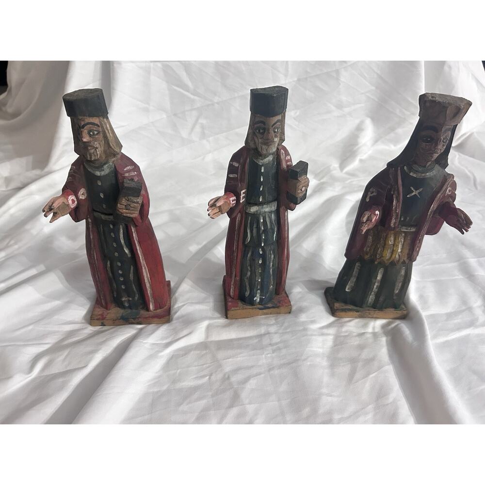 Hand Carved Guatemalan Wooden, Three Wise Men Religious Folk Art 10-11"